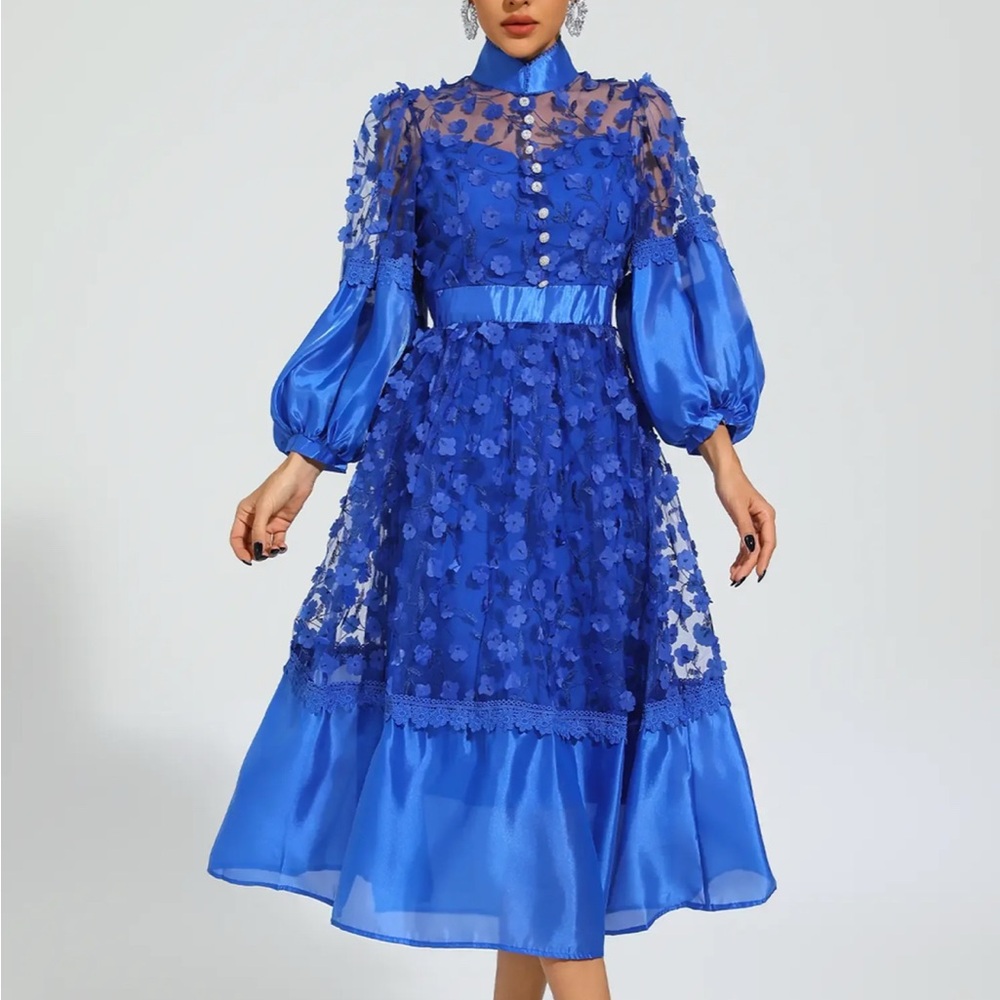 The Blue Mesh Flower Midi Dress with sleeves modest